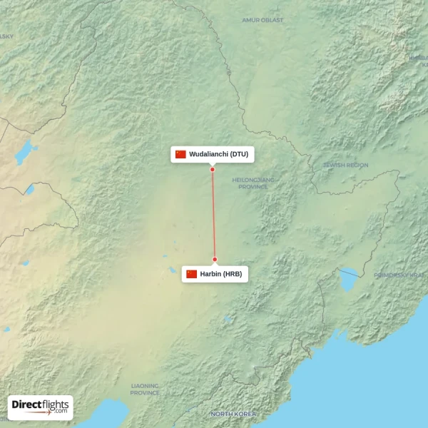 Wudalianchi - Harbin direct flight map