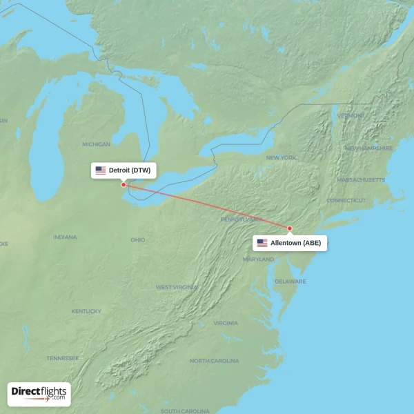 Detroit - Allentown direct flight map