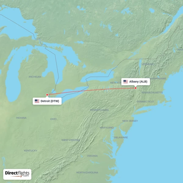 Detroit - Albany direct flight map