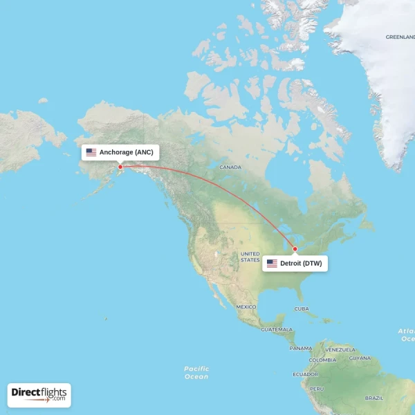 Detroit - Anchorage direct flight map