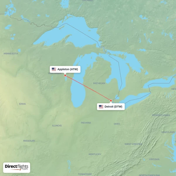 Detroit - Appleton direct flight map