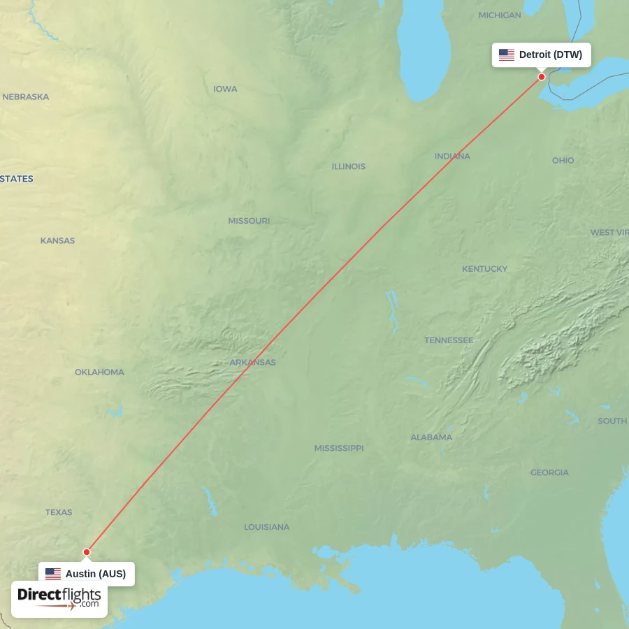 DTW - AUS route map