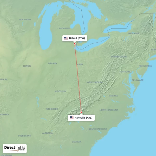 Detroit - Asheville direct flight map
