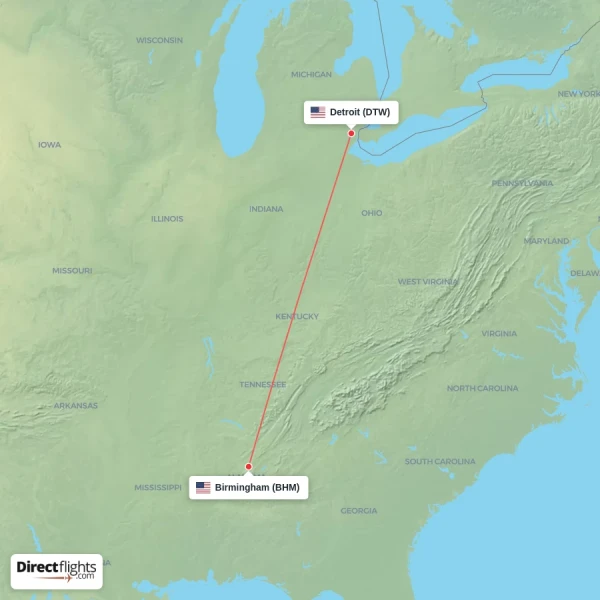 Detroit - Birmingham direct flight map