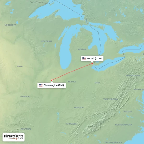 Detroit - Bloomington direct flight map