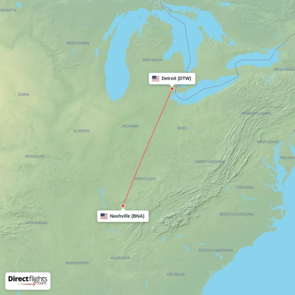Detroit - Nashville direct flight map