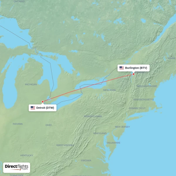 Detroit - Burlington direct flight map