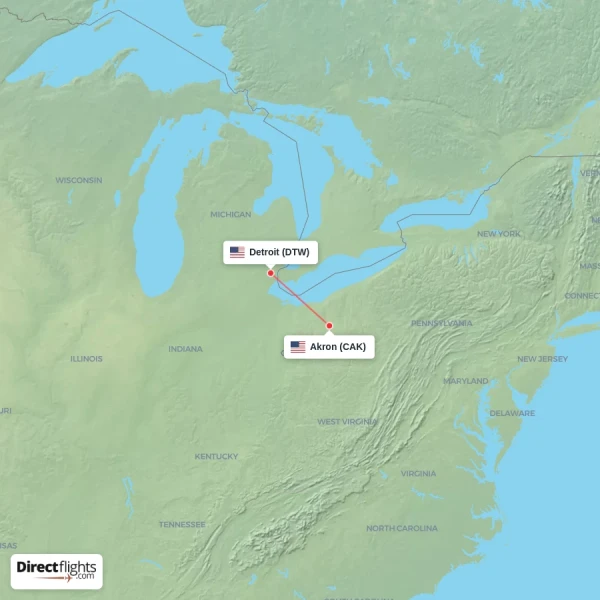 Detroit - Akron direct flight map