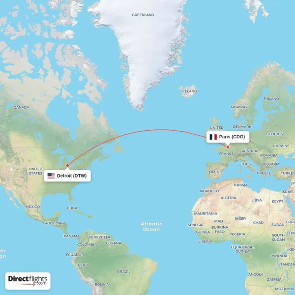 Detroit - Paris direct flight map