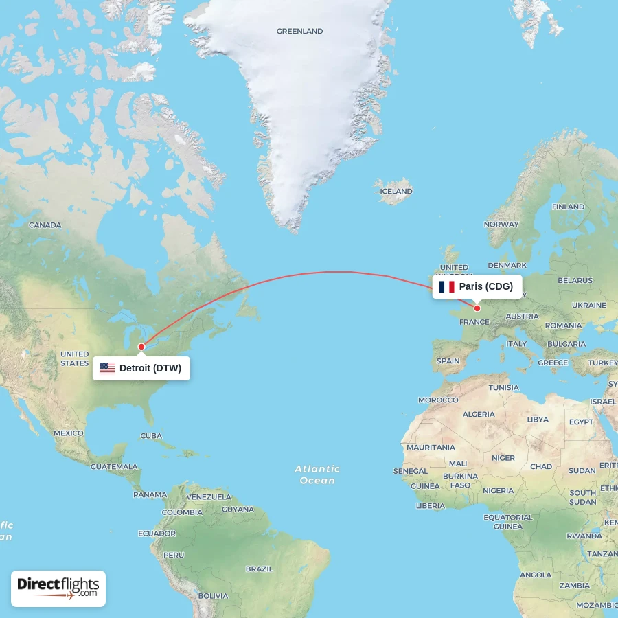 DTW - CDG route map