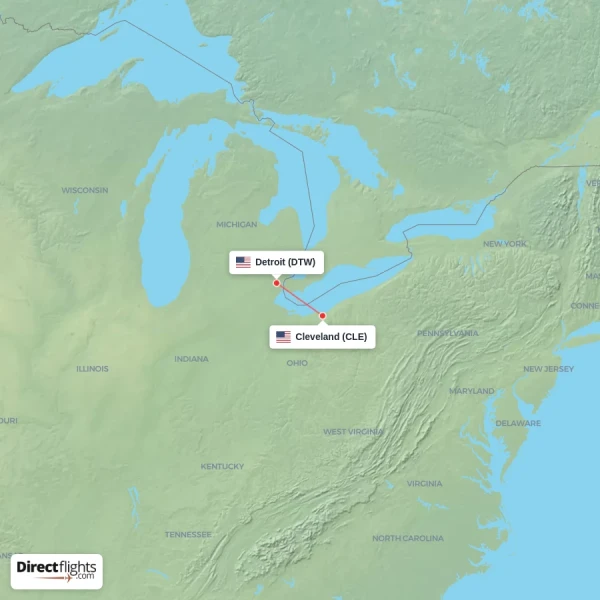 Detroit - Cleveland direct flight map
