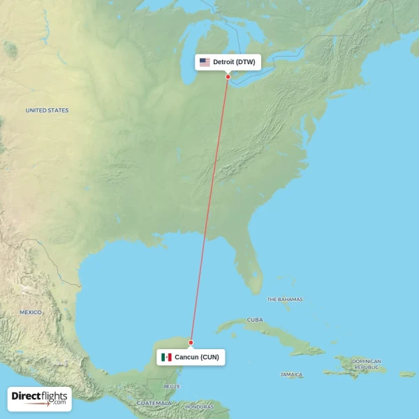Detroit - Cancun direct flight map
