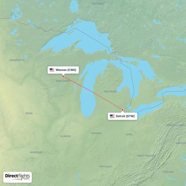 Detroit - Wausau direct flight map