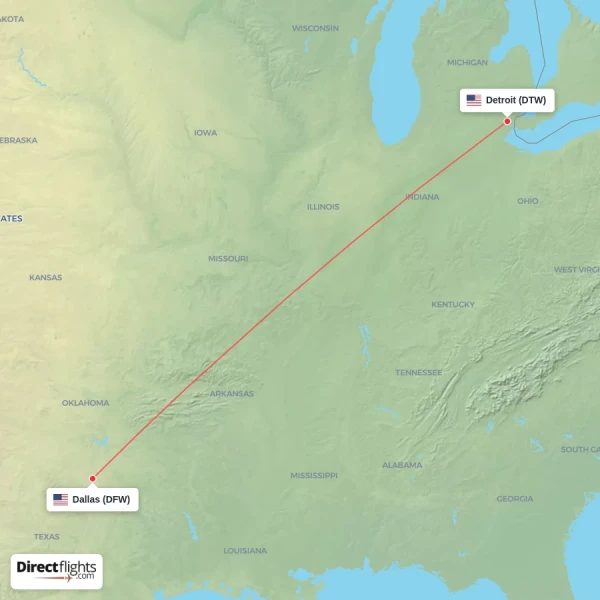 Detroit - Dallas direct flight map