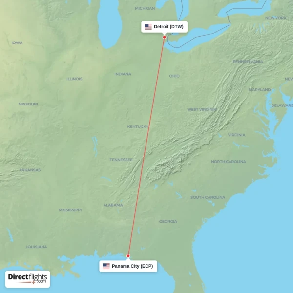 Detroit - Panama City direct flight map