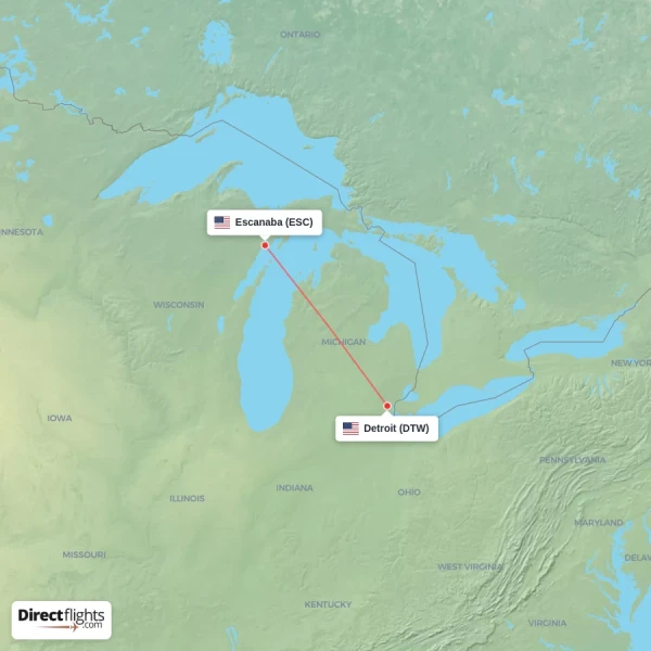Detroit - Escanaba direct flight map