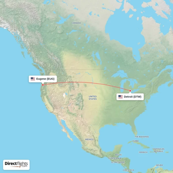 Detroit - Eugene direct flight map
