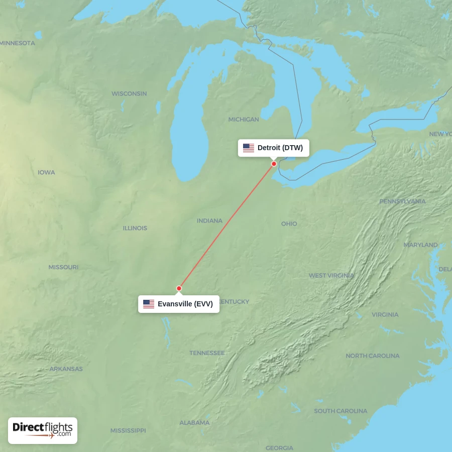 DTW - EVV route map