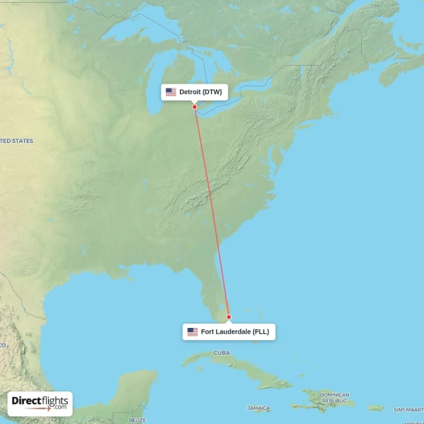 Detroit - Fort Lauderdale direct flight map