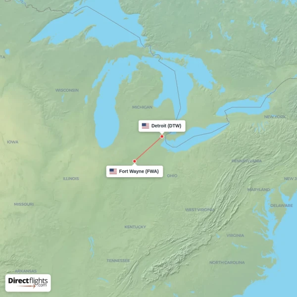Detroit - Fort Wayne direct flight map