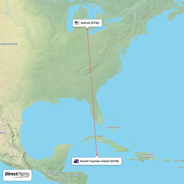 Detroit - Grand Cayman Island direct flight map