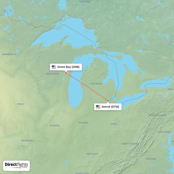 Detroit - Green Bay direct flight map