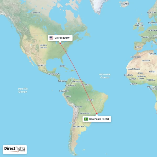 Detroit - Sao Paulo direct flight map