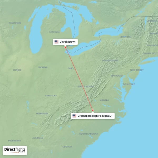 Detroit - Greensboro/High Point direct flight map