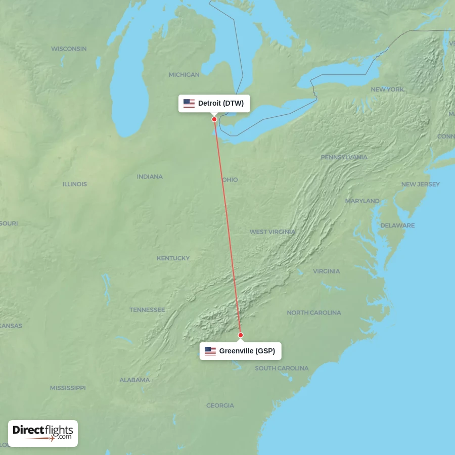 DTW - GSP route map