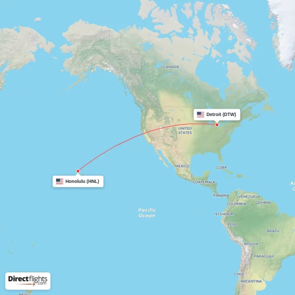Detroit - Honolulu direct flight map