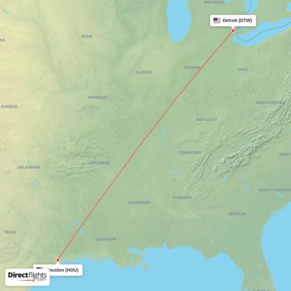 Detroit - Houston direct flight map