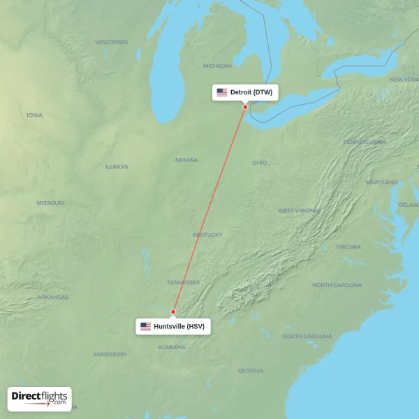 Detroit - Huntsville direct flight map