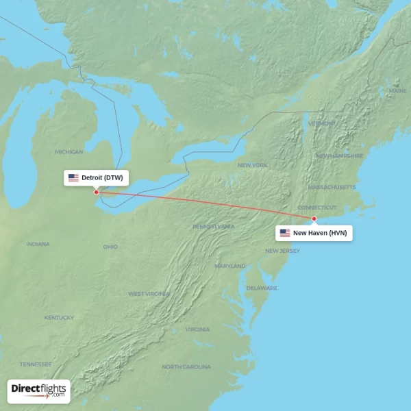 Detroit - New Haven direct flight map