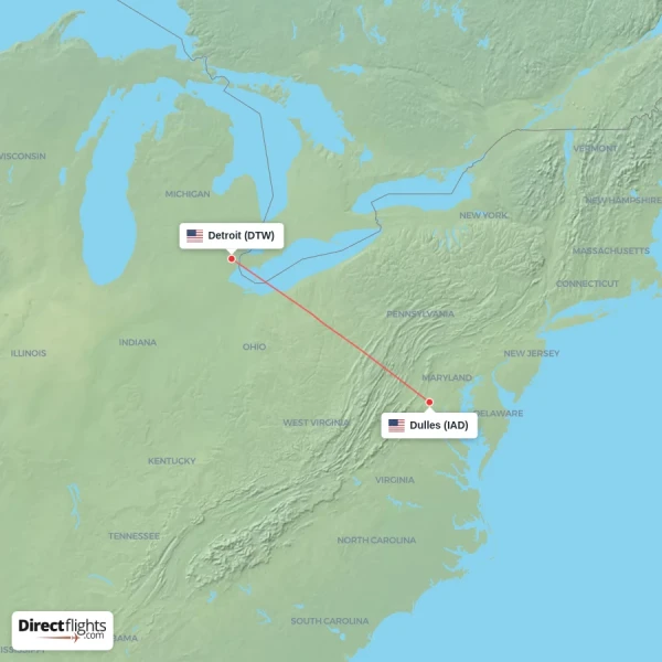 Detroit - Dulles direct flight map