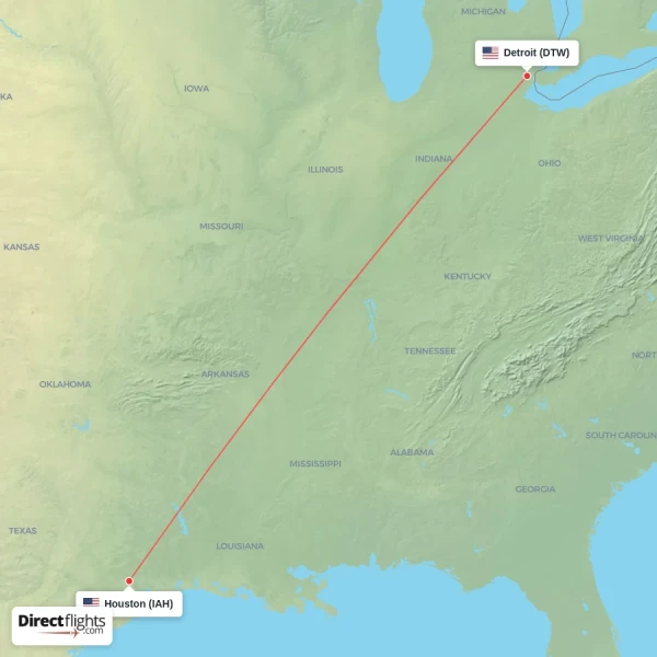 Detroit - Houston direct flight map