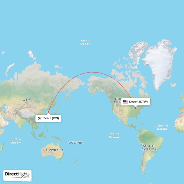 Detroit - Seoul direct flight map