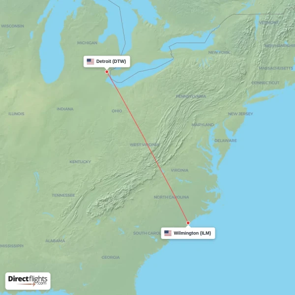 Detroit - Wilmington direct flight map