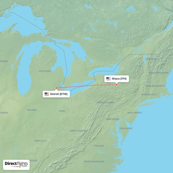 Detroit - Ithaca direct flight map