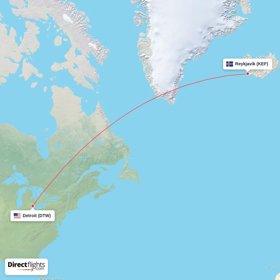 DTW - KEF route map