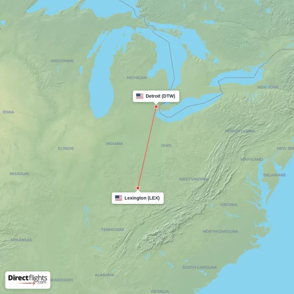 Detroit - Lexington direct flight map