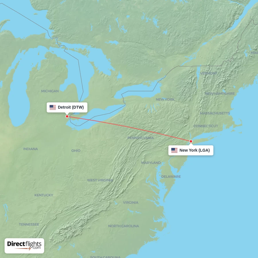 DTW - LGA route map