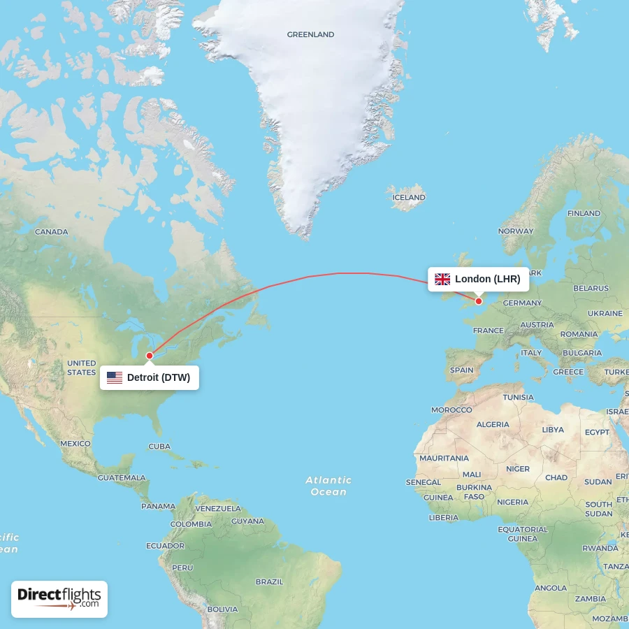 DTW - LHR route map