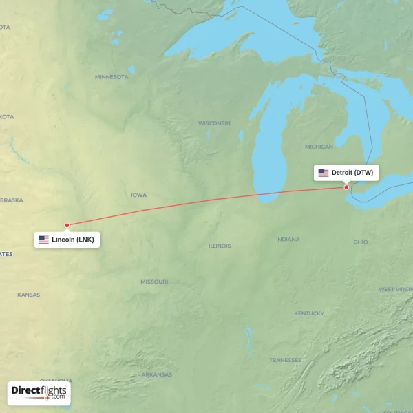 Detroit - Lincoln direct flight map