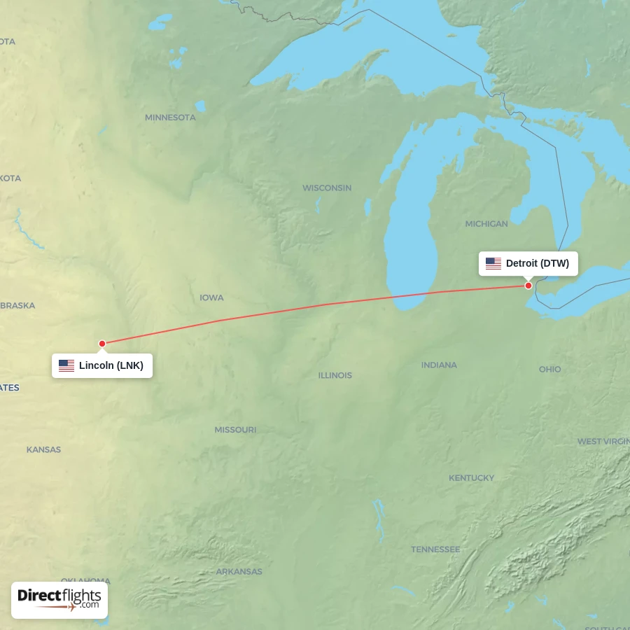 DTW - LNK route map