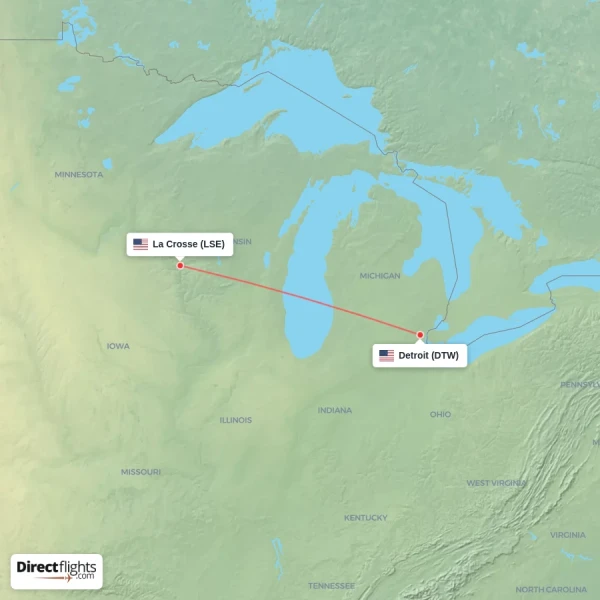 Detroit - La Crosse direct flight map