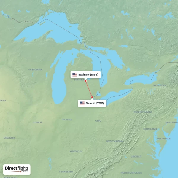 Detroit - Saginaw direct flight map