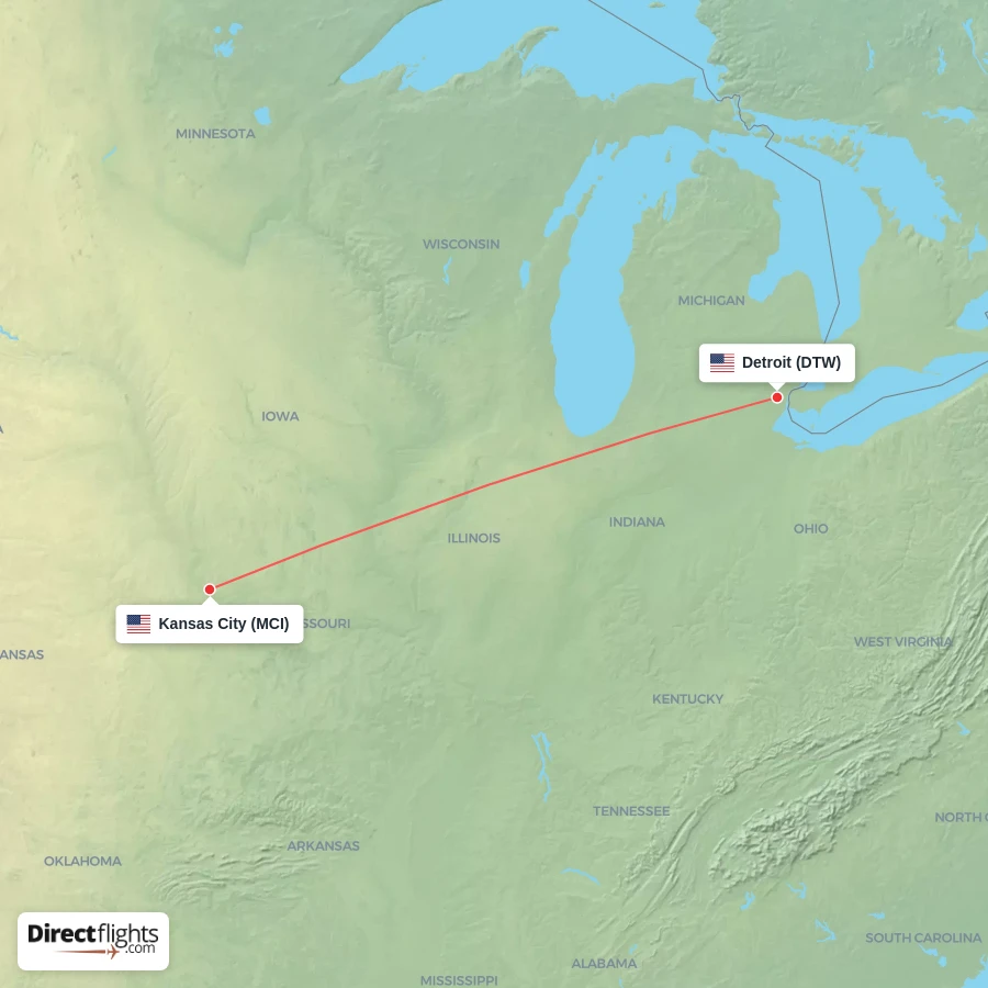 DTW - MCI route map