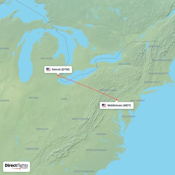 Detroit - Middletown direct flight map