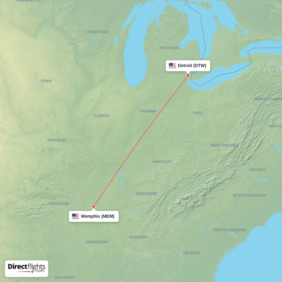 DTW - MEM route map