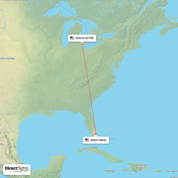 Detroit - Miami direct flight map